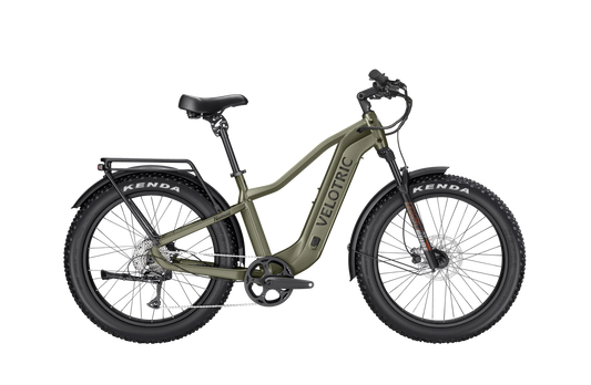 Olive green Velotric Nomad 2 eBike, high step frame, large size, side view