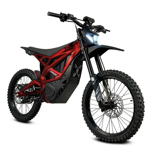 eMOTO Strike SRPNT X3 electric motorcycle in Diablo Red, side view, showcasing sleek design and sporty features