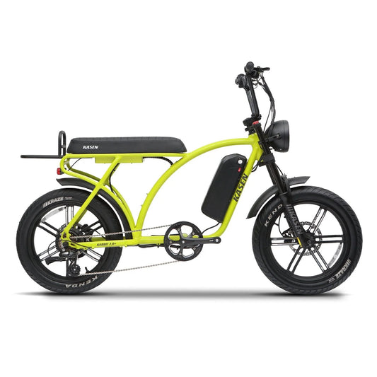 Neon green eMOTO eBike Kasen Kabbit 2.0 Plus, ready to ride, shown with 15AH and 20AH battery options, side view.
