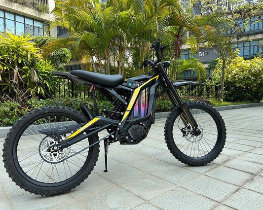 Side view of the eMOTO FREEGO Natkie N1 Electric Dirt Bike, showcasing its 4000W motor, rugged off-road tires, and sleek black frame.