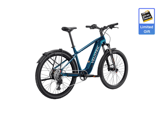 Velotric Summit 2 electric mountain bike in Ocean Blue, side view, displayed against a white background.