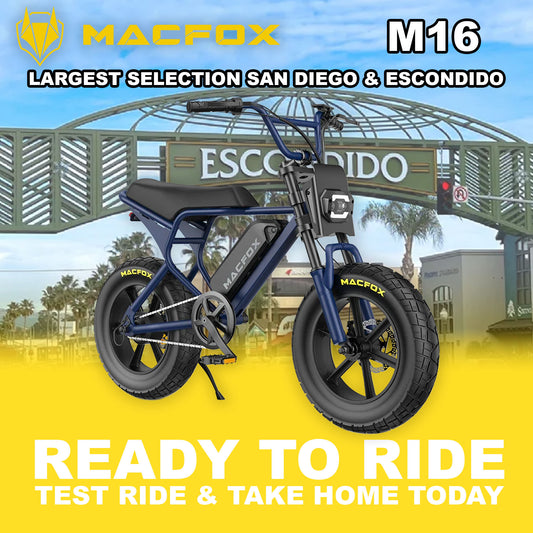 Macfox M16 eBike in navy blue, side view, displayed outdoors in Escondido