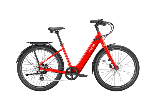 Red Velotric Breeze 1 eBike in classic scarlet color, side view, isolated on white background.