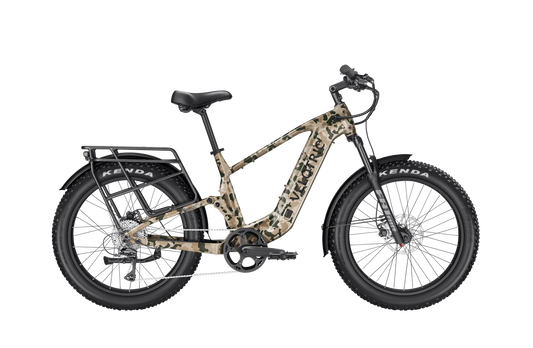 Velotric Nomad 2X eBike in multi-terrain camo color, high step frame, side view on a white background