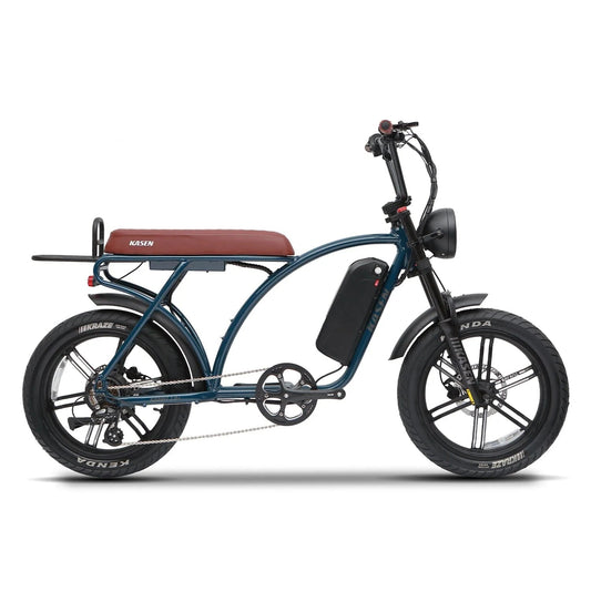 Blue Kasen Kabbit Plus eBike in a box, product image showing 14.5AH and 17.5AH battery options, model in blue color.