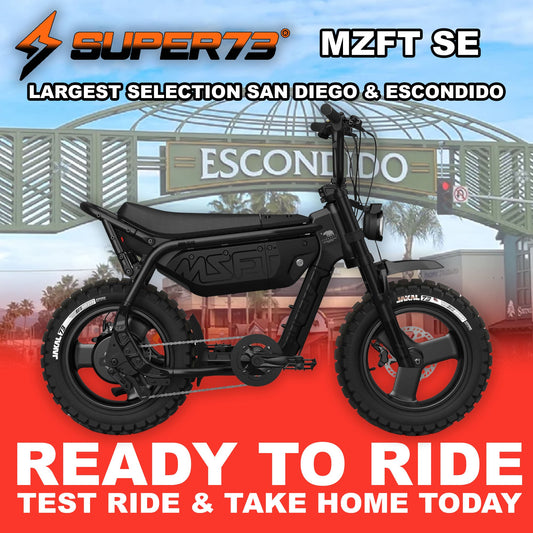 Black Super73 MZFT SE eMOTO eBike, side view, ready to ride, against a plain background