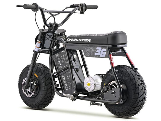Black eMOTO EBOX Dragster electric motorcycle, side view, on white background