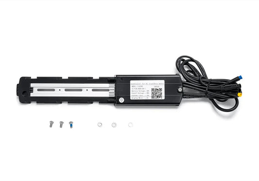 Front view of the Macfox X1S eBike controller showing its compact black rectangular design with labeled connection ports and attached wiring harness.