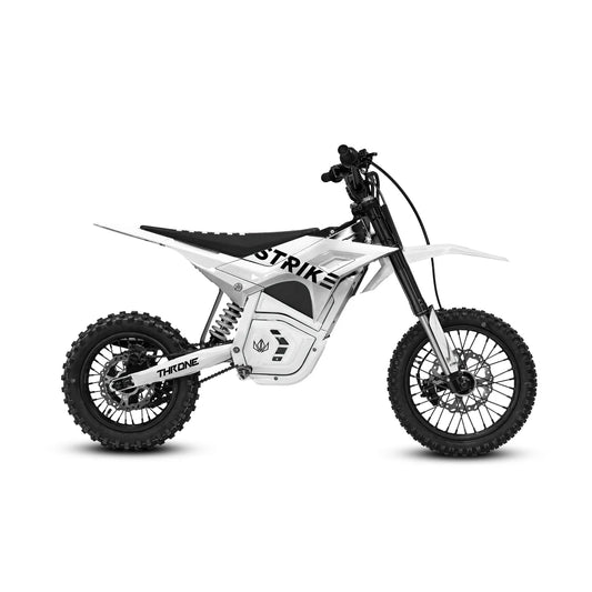 White eMOTO Strike Shadow 48V electric motorcycle, side view, on a plain background