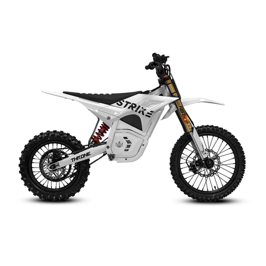White eMOTO Strike Shadow SV2 72V electric motorcycle, side view, on a plain background