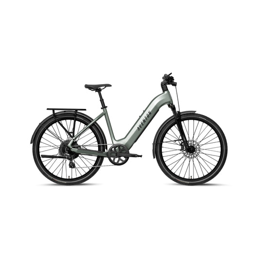 Aventon Level 4 REC Step-Thru electric bike in Glacier Mint color, side view, displayed on a white background