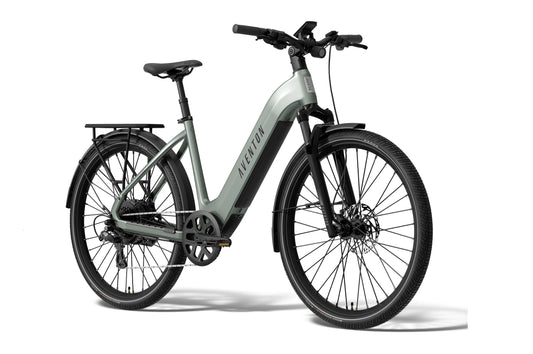 Aventon Level 4 REC Step-Thru electric bike in Glacier Mint color, side view, showcasing step-thru frame and modern design.