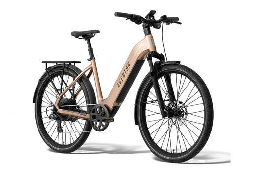 Aventon Level 4 REC Step-Thru electric bike in sandstone color, side view, displayed on a white background