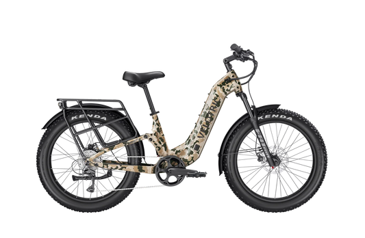 Velotric Nomad 2X eBike in multi-terrain camo color, step-thru frame, side view on a white background