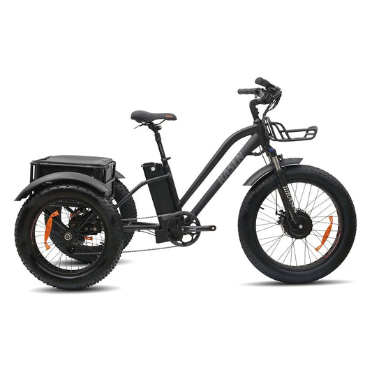 Black Kasen eBike Trike, ready to ride, shown in product image with options for 14.5AH and 17.5AH battery, model R2R.