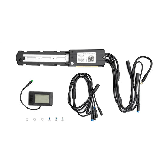 Macfox X7 and X7L eBike control system 3-piece bundle, including display, controller, and wiring components, arranged on a white background.