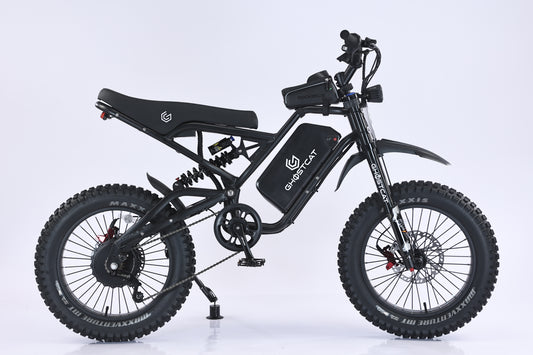 Red and white eBike Ghostcat F4X side view, showcasing sleek frame design and modern features