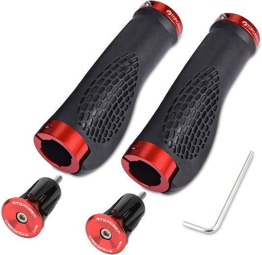 Black and red e-bike handlebar grips with textured surface, shown side by side on a white background