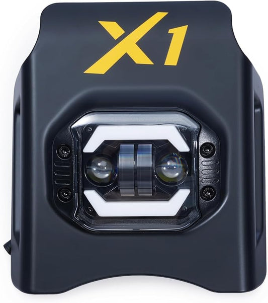Front view of the Macfox X1 ebike headlight mounted on handlebars, illuminated against a dark background.