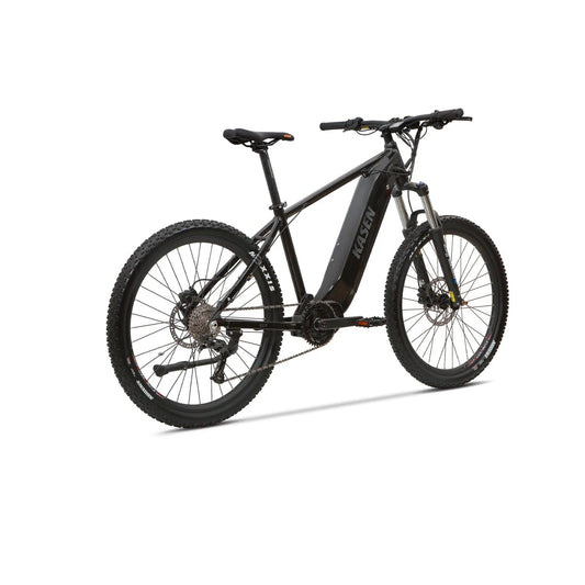 Black Kasen K2.0 eBike, 500W motor, shown ready to ride with 15AH and 20AH battery options, side view against a plain background.