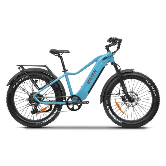 Blue Kasen Ranger 2.0 electric bike side view with black tires and battery pack