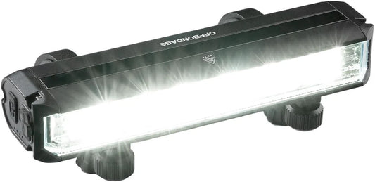 A black e-bike light bar mounted on handlebars, featuring multiple LED lights and a sleek, compact design.