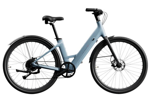 Urtopia Carbon 1 Step Thru eBike in Glacier Blue, side view, against a white background