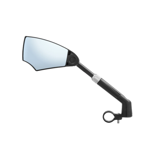 Left-side rearview mirror for Velotric e-bike, mounted on handlebar, black frame, reflective glass facing camera, white background.