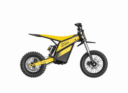 Heybike Villain electric mountain bike in yellow, side view, isolated on white background