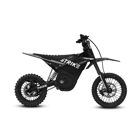 Black eMOTO Strike Shadow 48V electric bike, side view, against a plain background