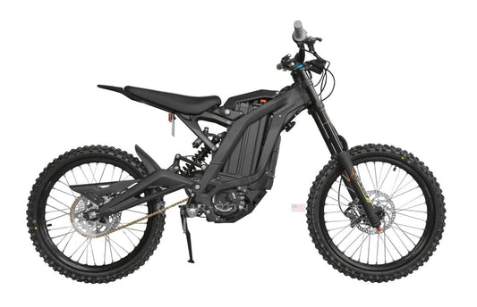 eMOTO SurRon Light Bee X Electric Dirt Bike, Trail eBike, 60v 40ah, side view, black and yellow frame, off-road tires