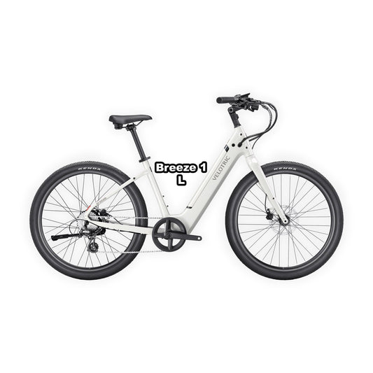 Velotric Breeze 1 eBike in Satin White, large frame, shown in box, product image, UPC 850060178818