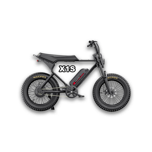 Black Macfox X1S eBike with single battery, shown in box, product image, model number 810206240090