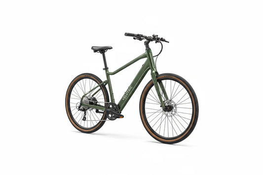 Velotric Tempo High Step eBike in Forest Evergreen color, side view, displayed outdoors