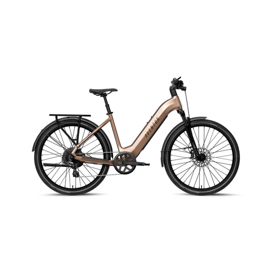 Aventon Level 4 REC Step-Thru electric bike in sandstone color, side view, displayed on a white background.