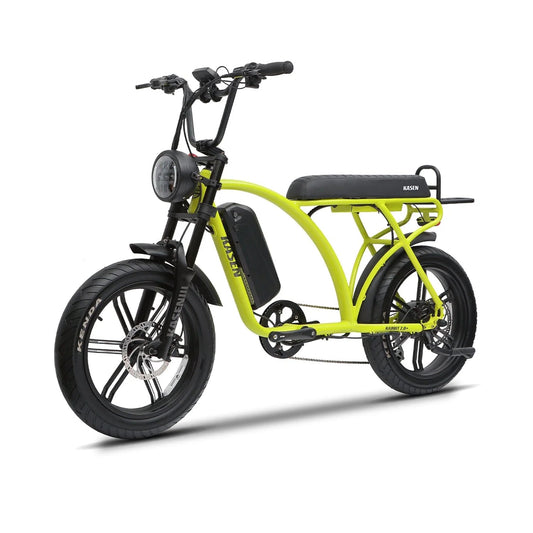 Green Kasen Kabbit Plus eBike packaged in a box, showing 14.5AH and 17.5AH battery options.