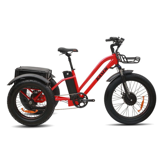 Red Kasen eBike trike packaged in a box, product image showing 14.5AH and 17.5AH battery options.