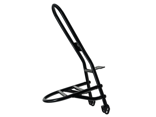 Stomp Ebox Dragster motorcycle with attached sissy bar and rear luggage rack, side view on white background