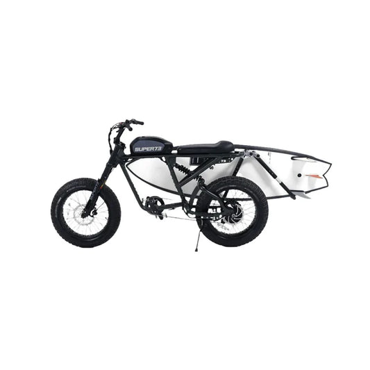 Side view of the Super73 MBB shortboard surf rack mounted on an electric bike, showing the rack's sturdy metal frame and attachment points.