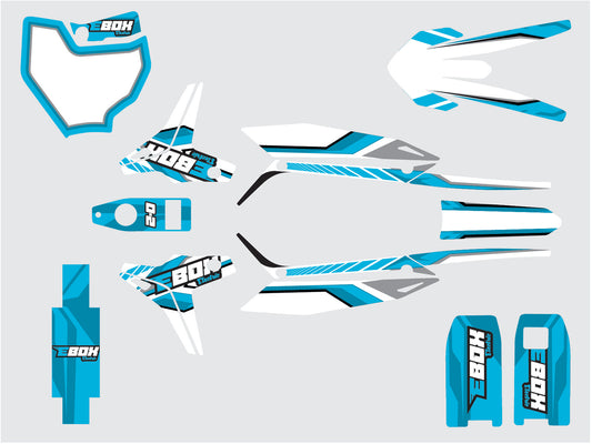 Blue Stomp Ebox graphics kit displayed on a white background, showing detailed decals and design elements for motocross or dirt bikes.