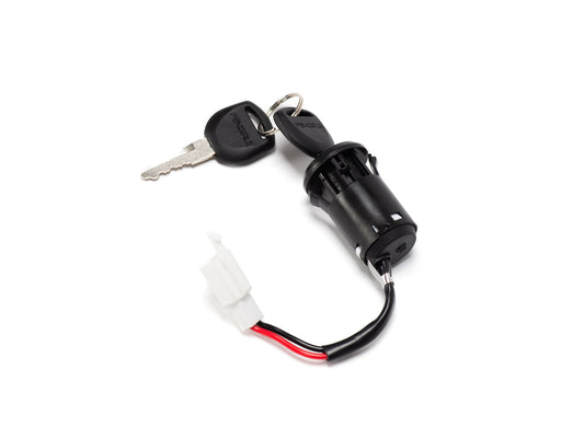 Stomp Ebox ignition barrel and key set, product image showing the ignition barrel with attached wiring and a pair of keys.