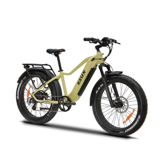 Black Kasen Ranger eBike in a cardboard shipping box, showing 15AH and 20AH battery options, product image.