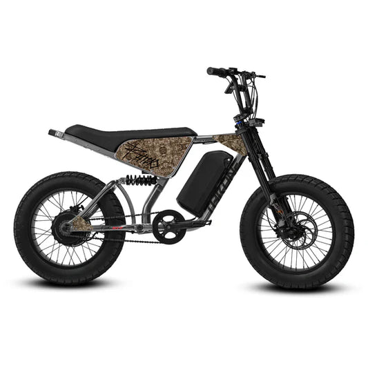 Camo gray eBike Strike Rhino AT7 electric bike, side view, against a white background