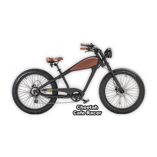 eBike Revi Cheetah Cafe Racer in black and brown, shown in box, product image with barcode 810206240427
