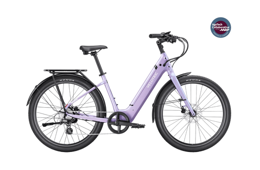 Velotric Breeze 1 electric bike in Violet Haze color, side view, isolated on white background