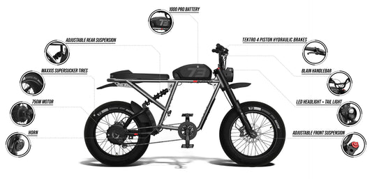 Side view of the Super73 R SE Brooklyn electric bike in a studio setting, showcasing its black frame, thick tires, and minimalist design.