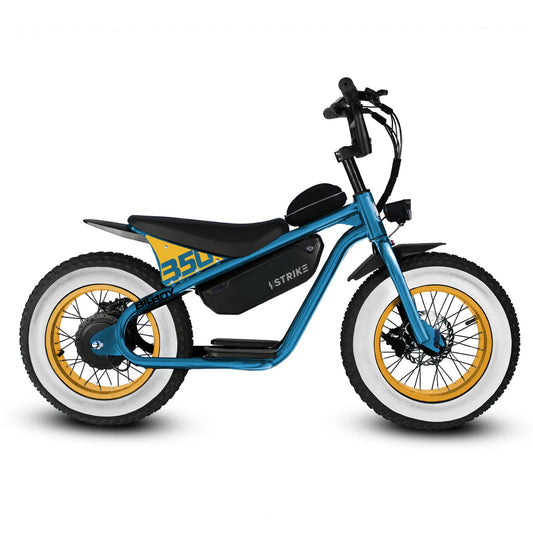 Electric bike in Rio Blue color, side view, labeled "Strike Big Boy" model, displayed on a white background.