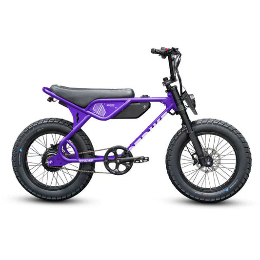 A black eMOTO eBike Strike Spyder electric bicycle shown from a side angle, highlighting its sleek frame, thick tires, and modern design.