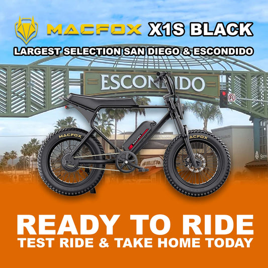 Black eMOTO eBike Macfox X1S, ready to ride, product image, model R2R, barcode 810206240045