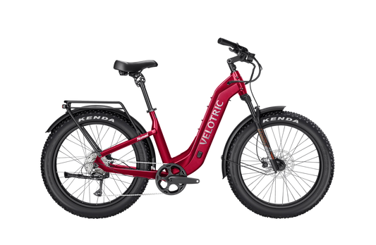 Velotric Nomad 2 electric bike in cranberry red, side view, against a white background